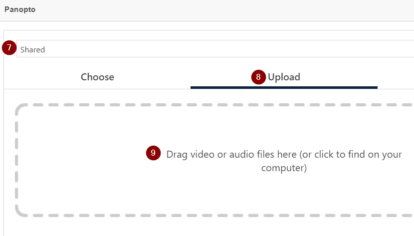 Panopto upload page with the Choose video or audio files area