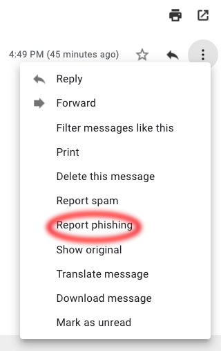 menu with Report Phishing