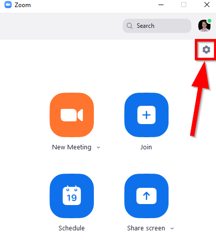 Zoom settings gear icon in the top-right corner of the Zoom app