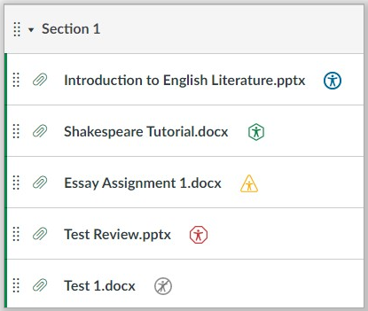 Canvas files and pages have an accessibility icon next to their title to indicate to what degree the file is accessible