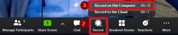 Zoom Record menu showing the option to record on this computer
