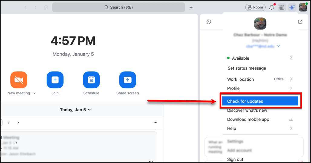 Zoom desktop app with the profile menu open and Check for updates selected.