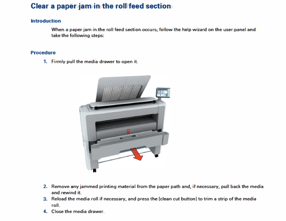 Clear a paper jam in the roll feed section