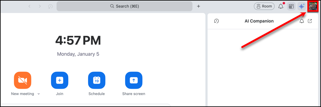Zoom desktop app home screen with an arrow pointing to the profile picture in the top-right corner.